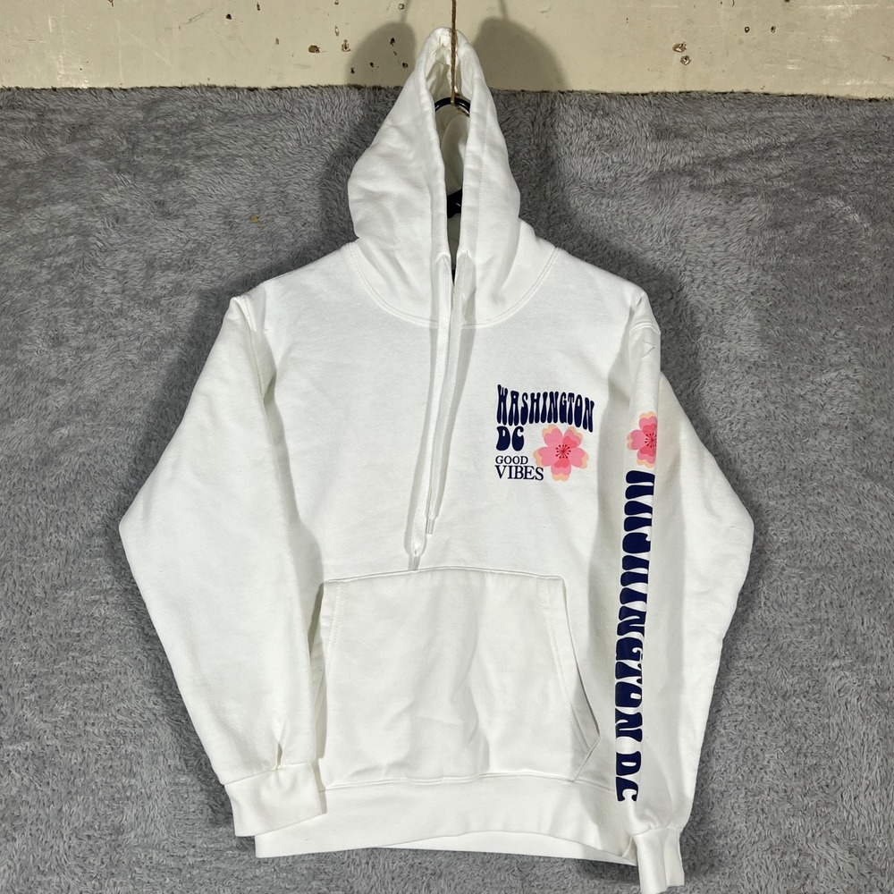 DC Hoodie Unisex Small White Washington DC Good Vibes Cherry Blossom Sweatshirt